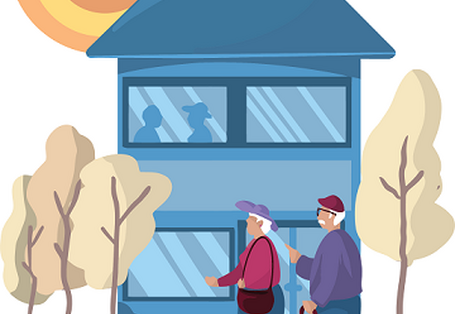 Menschen vor einem Haus unter der Sonne