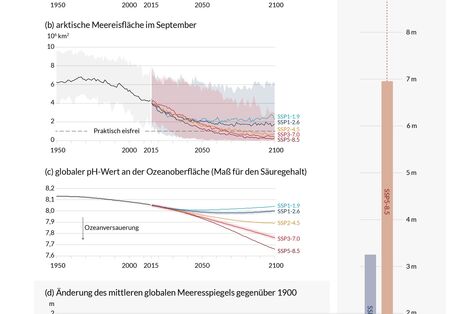 Änderungen verschiedener Erdsystemelemente wie die arktische Meereisfläche, der globale pH-Wert der Ozeane oder der mittlere globale Meeresspiegel als Folge globaler Temperaturänderungen in Vergangenheit und Zukunft