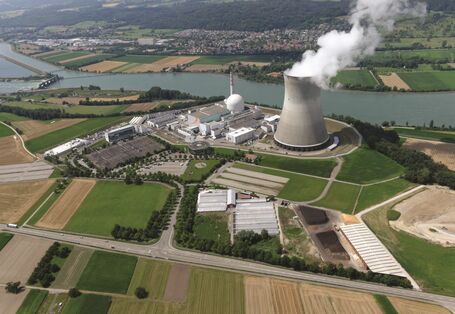 Das Bild zeigt das Luftbild eines Kernkraftwerks mit einem Wasserdampf absondernden Kühlturm am Rande eines Flusses.