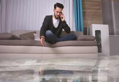 The picture shows a man sitting cross-legged on a sofa and talking on the phone. There is water on the floor of the room. The man points reproachfully at the surface of the water.