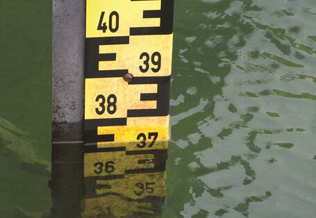 Das Bild zeigt eine Pegelmesslatte in einem ruhigen Gewässer.