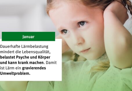 Grafik mit Text zum UBA-Rückblick 2024 Monat Januar Thema Lärm - ein Kind hält sich die Ohren zu 