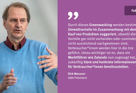 Grafik mit Text zum UBA-Rückblick 2024 Monat Februar Thema Greenwashing - ein Zitat von Dirk Messner mit Bild 