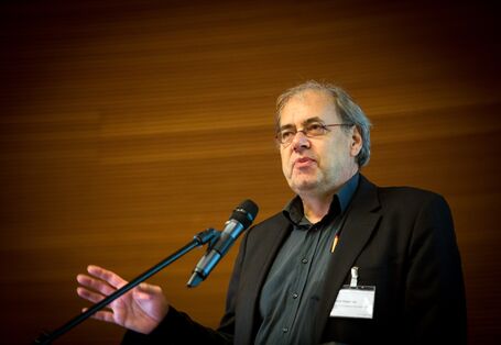 Ein Vortragender spricht ins Mikrofon