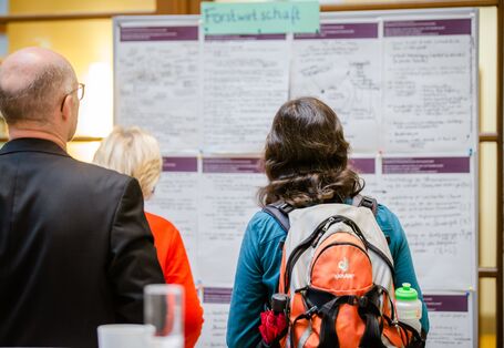 Teilnehmende stehen vor einer Stellewand, auf der die Arbeitsergebnisse auf Ergebnisbögen von den Teilnehmenden mit Fokus Forstwirtschaft skizziert haben.