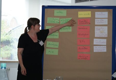 Teilnehmerin zeigt an einer Moderationswand auf einzelne Moderationskarten.