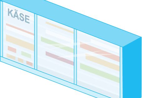 Blaues Modell eines geschlossenen Kühlregals im Supermarkt.