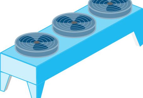 Blaues Modell eines Rückkühlers im Supermarkt.