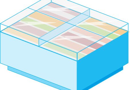 Blaues Modell einer Tiefkühltruhe.