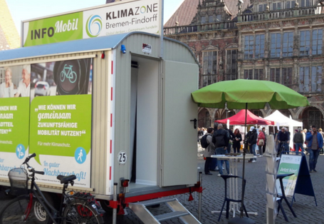 Ein Bauwagen steht in einer Fußgängerzone vor einem historischen Gebäude vorne drappiert mit Plakaten des Projektes vorwiegend in hellem Grün. Ein grüner Sonnenschirm, Stehtisch und -stühle sowie ein Fahrrad flankieren den Bauwagen
