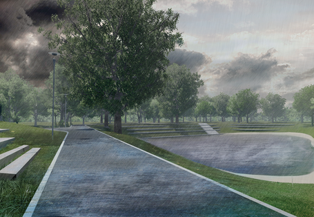 Eine Visualisierung eines Gehweges in einem Park. Es regnet stark. Rechts vom Weg ist eine flächige Bodenvertiefung, die sich mit Regen füllt.
