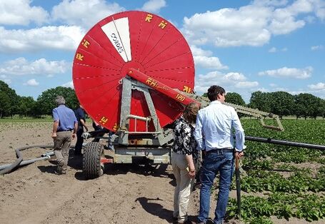 Exkursionsteilnehmende betrachten eine landwirtschaftlich genutzte Beregnungsfläche. Das Beregnungsgerät erscheint als große runde rotes Gebilde im Hintergrund vor wolkigem Himmel.