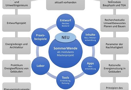 Schematische Darstellung des modularen Lehrangebots in blauen Kreisen umrandet von den Lehrangeboten in grauen Kästen.