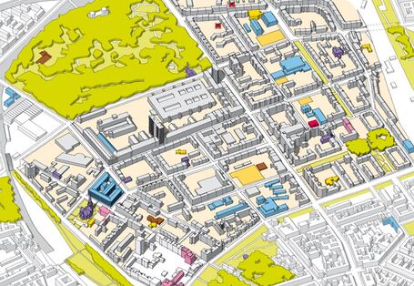 Ein 3D-Plan des Kiezes Brunnenviertel in dem einzelne Bereiche/Gebäude mit verschiedenen Farben markiert sind.