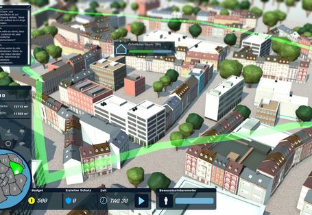 Ein Screenshot aus dem laufenden Spiel, in dem die GUI mit verschiedenen Elementen (Live-Chat, "Sektorenstatistik"...) und eine computergenerierte Stadtansicht eines Aachener Stadtteils zu sehen ist.