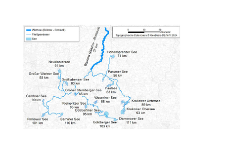 Warnoweinzugsgebiet mit den großen Seen dargestellt als Karte.