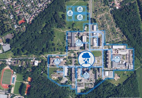 Senkrechtaufnahme des Campus Lichtwiese (Satellitenbild) mit Konzeptgrafik