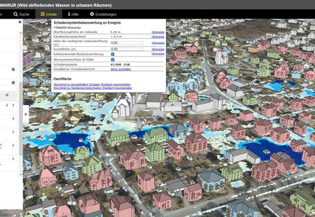 Für ein ausgewähltes Gebäude ist ein Pop-up geöffnet, das Informationen zu Wassertiefe und potenzieller Schadenssumme enthält.