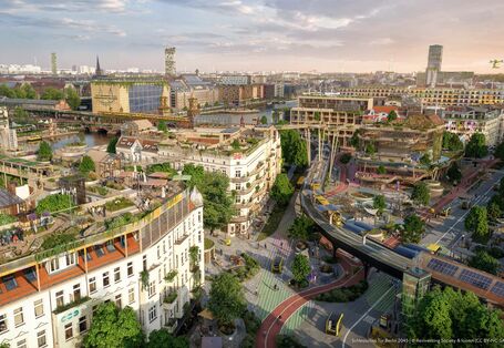 Vision vom Schlesischen Tor als Luftbild mit vielen Bäumen, begrünten Dächern und Fassaden und zahlreichen Begegnungsorten.