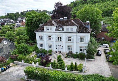 Eine Luftaufnahme einer denkmalgeschützten Villa mit zwei Geschossen.