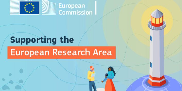 Illustration by the European Commission titled “Supporting the European Research Area.” On the left is the EU Commission logo; on the right, a lighthouse stands on a blue sphere. Two illustrated people are talking.