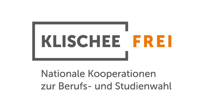 Logo: Grau umrandet ein grauer Schriftzug "Klischee", die Umrandung ist an der rechten Seite offen und es schließt sich in orange das Wort "Frei" an. Darunter der Schriftzug: Nationale Kooperationen zur Berufs- und Studienwahl