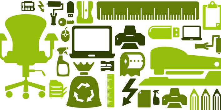 Das Symbolbild für umweltfreundliche Beschaffung zeigt unterschiedliches Büromaterial und Baumaterial