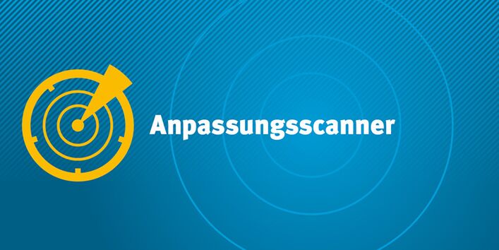 Grafik mit gelbem Radar-Symbol links und der weißen Aufschrift ‚Anpassungsscanner‘ auf blauem Hintergrund.