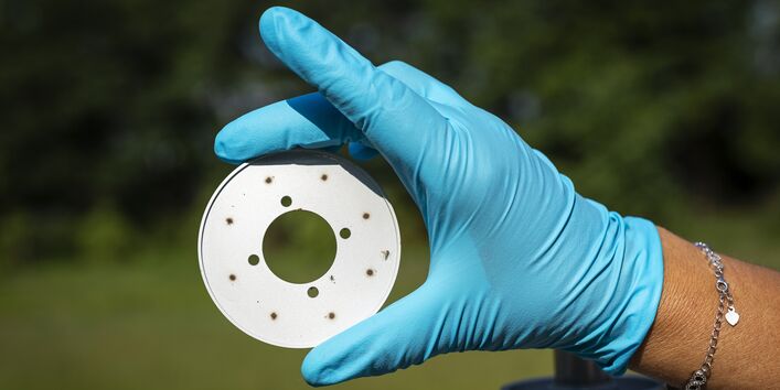 Das Bild zeigt die Hand einer Forschenden, die mit einem Laborhandschuh einen kleinen Messindikator hochhält. 