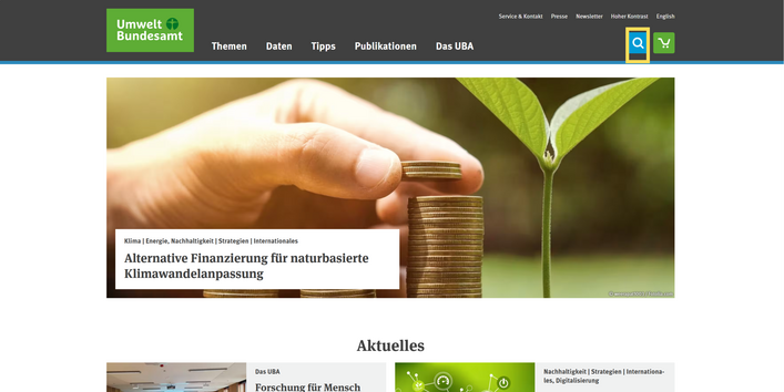 Screenshot der UBA-Website, gelb umrandet das Suchfeld