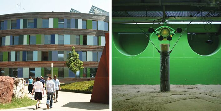 Zwei Bilder zeigen das UBA-Dienstgebäude in Dessau und ein Filmstill aus der Fließgewässersimulationsanlage