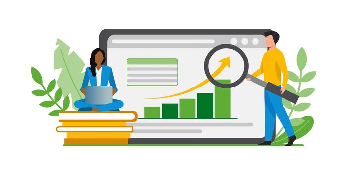 Symbolgrafik, die zwei Personen bei der Nutzung des neuen Data Cube zeigt. 
