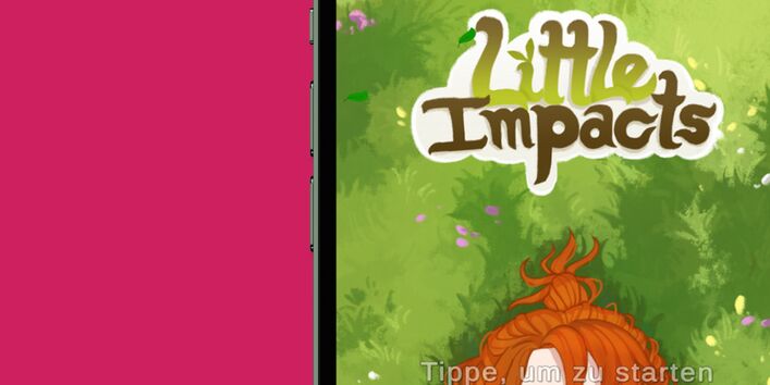 Grafik mit der Aufschrift: Gaming trifft Nachhaltigkeit: Little Impacts. Bild eines Smartphones und Hinweise zum Download auf Google Play und im App Store.