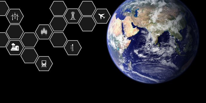 The Earth viewed from space, alongside icons: aeroplane, electricity pylon, wind turbines, grain, thermometer, train, power station