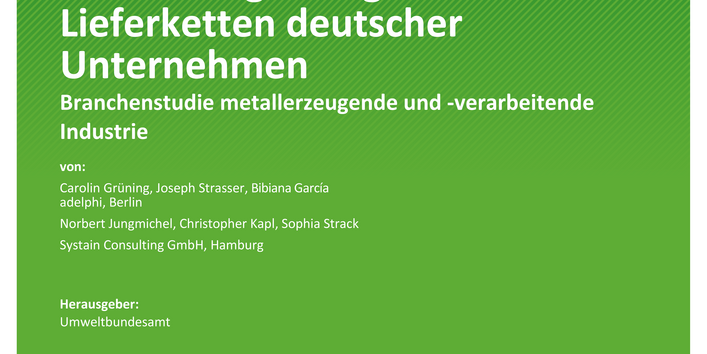 Cover des Berichts "Umweltrisiken und -auswirkungen in globalen Lieferketten deutscher Unternehmen - Branchenstudie metallerzeugende und -verarbeitende Industrie"