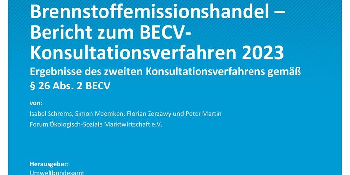 Cover des Berichts "Carbon Leakage-Schutz im nationalen Brennstoffemissionshandel – Bericht zum BECV-Konsultationsverfahren 2023"
