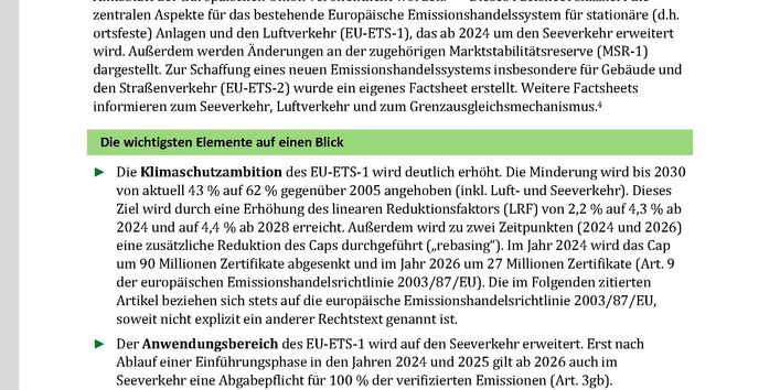 Cover des Fact Sheets "Ausrichtung des EU-ETS-1 auf das neue EU-Klimaschutzziel für 2030 und Reform der Marktstabilitätsreserve (MSR-1)"