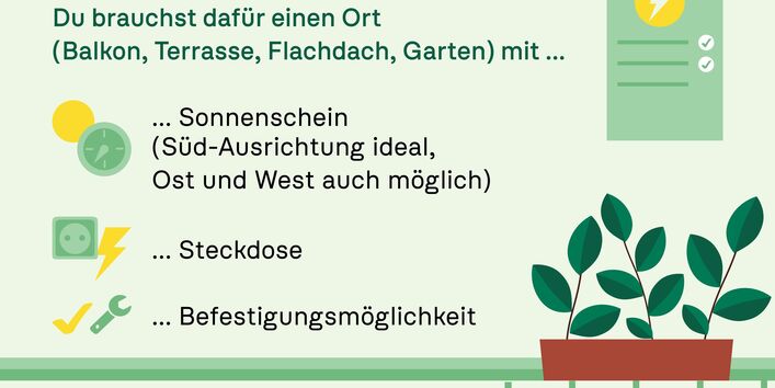 Plakat: Balkonkraftwerk. Slogan: Nicht nur so lala, sondern solar! Beschreibt Vorteile (Stromkosten sparen) & Voraussetzungen für Solaranlagen. Logo: Umwelt Bundesamt.