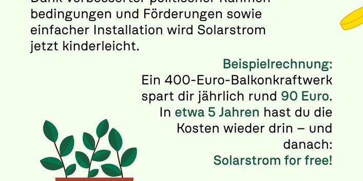 Infografik zu Balkonkraftwerken: Ein 400-Euro-Balkonkraftwerk spart im Jahr etwa 90 Euro. Nach fünf Jahren hat man das Geld also wieder drin.