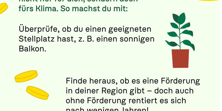Infografik zu Balkonkraftwerken mit motivierenden Inhalten, mit einer eigenen Solaranlage in die Zukunft zu investieren, da es sich für sich selbst und das Klima lohnt