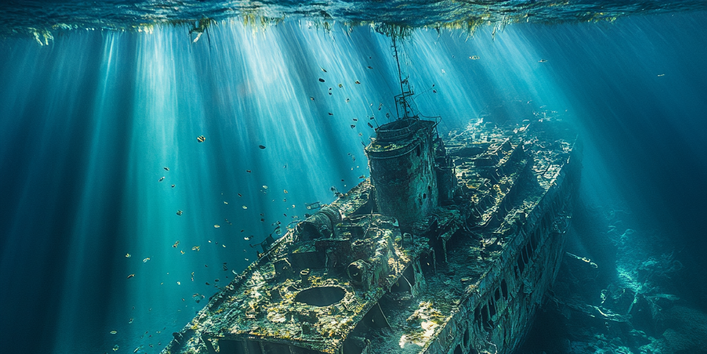 Das Bild zeigt das Wrack eines Kriegsschiffes aus dem Zweiten Weltkrieg mit Algenbewuchs von oben, während Sonnenstrahlen durch die Wasseroberfläche brechen.