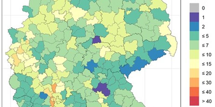 Eine Deutschlandkarte zeigt auf Landkreisebene die Grundwasserrisikogebiete
