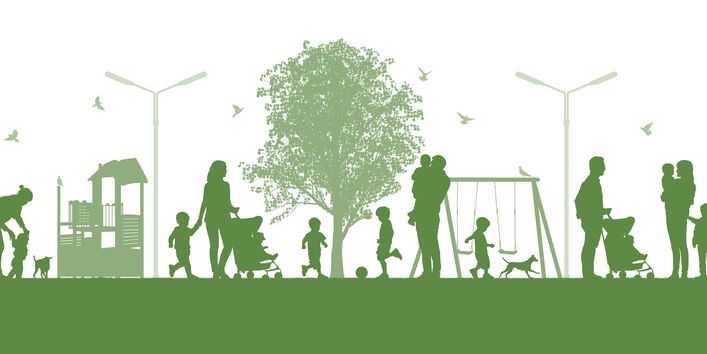 Das Bild zeigt eine grüne Parklandschaft mit Personen, Tieren und Pflanzen.