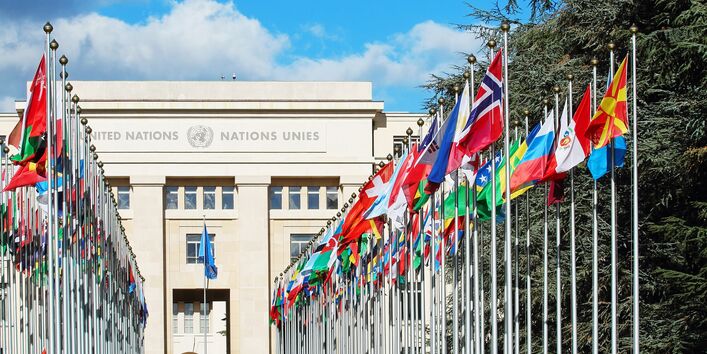 Picture of the UN building with flags in front of it 