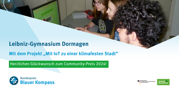 Das Grafik zeigt den Community-Sieger des Bundespreises "Blauer Kompass": Das Leibniz-Gymnasium Dormagen mit dem Projekt "Mit IoT zu einer klimafesten Stadt".