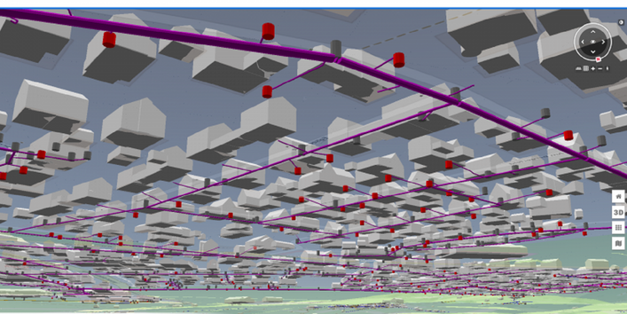 Sicht von unten auf das Kanalkataster im Stadtmodell der Gemeinde Aßling