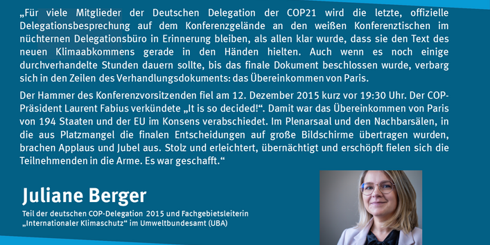 Bild von Juliane Berger, Teil der deutschen COP-Delegation 2015 und Fachgebietsleiterin „Internationaler Klimaschutz“ im Umweltbundesamt, mit einem kurzen Erlebnisbericht. 