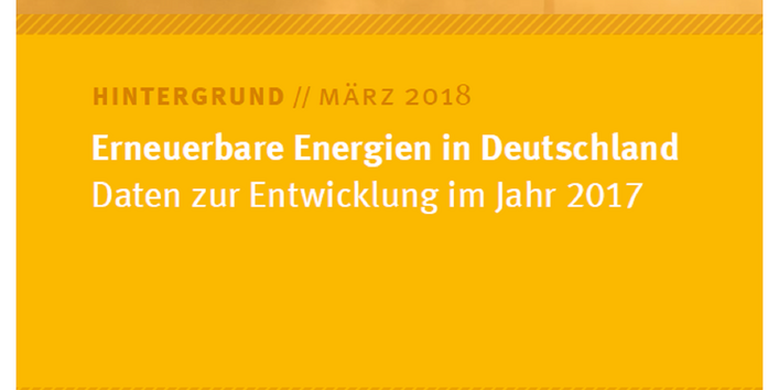 Cover des Hintergrundpapiers "Erneuerbare Energien in Deutschland: Daten zur Entwicklung im Jahr 2017" von März 2018 mit einem Foto von Windkraftanlagen und den Logos von Umweltbundesamt und AGEE Stat