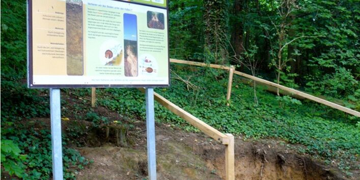 Foto eines Bodenprofils mit Infotafel