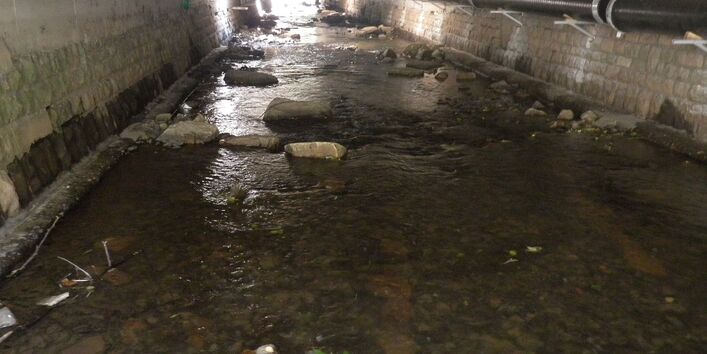 Foto: Ein Gewässerdurchlass mit offener, strukturreicher Sohle. In der Mitte des Durchlasses scheint Licht durch einen Schacht auf das Gewässer.